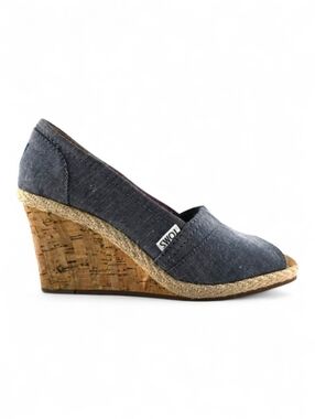 TOMS Women's Denim Navy White Wedge Open Toe Shoes Cork Heel 6.5